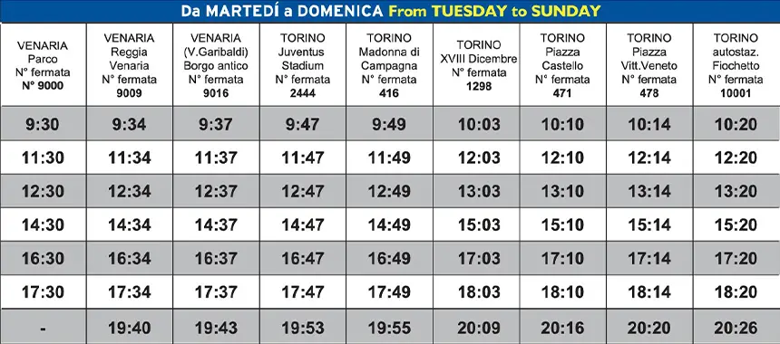 horario venaria bus regreso